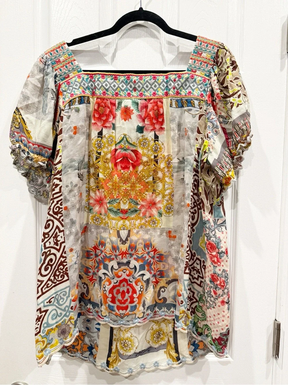 Johnny Was Embroidered Puff Sleeve Square Neck Blouse Top Mixed Prints - Picture 1 of 6